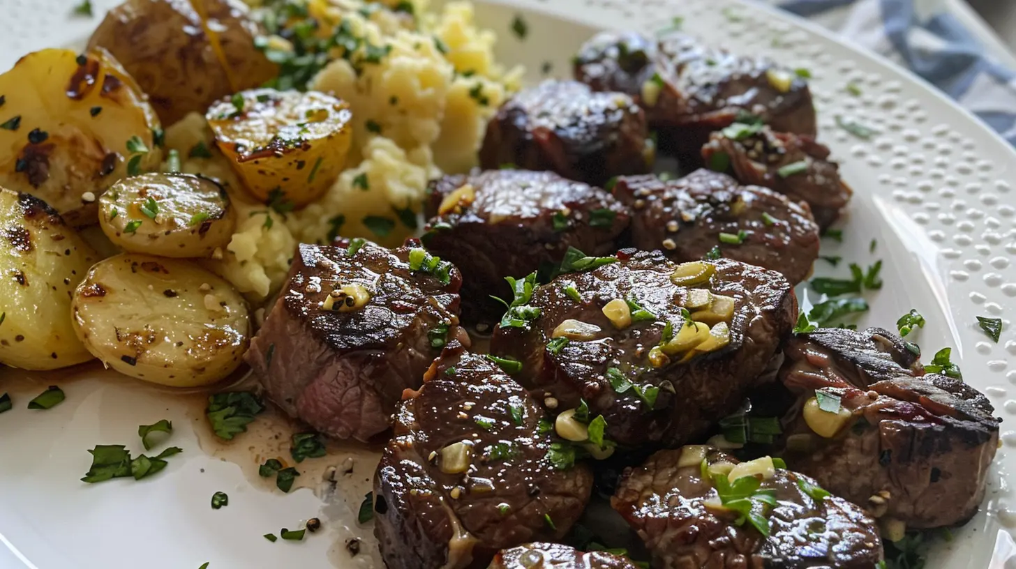 GARLIC BUTTER STEAK BITES AND CHEESY SMASHED POTATOES