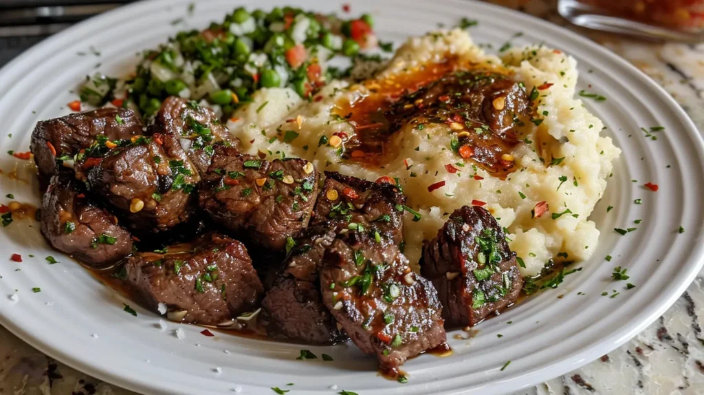 Garlic Butter Steak Bites and Mashed Potatoes
