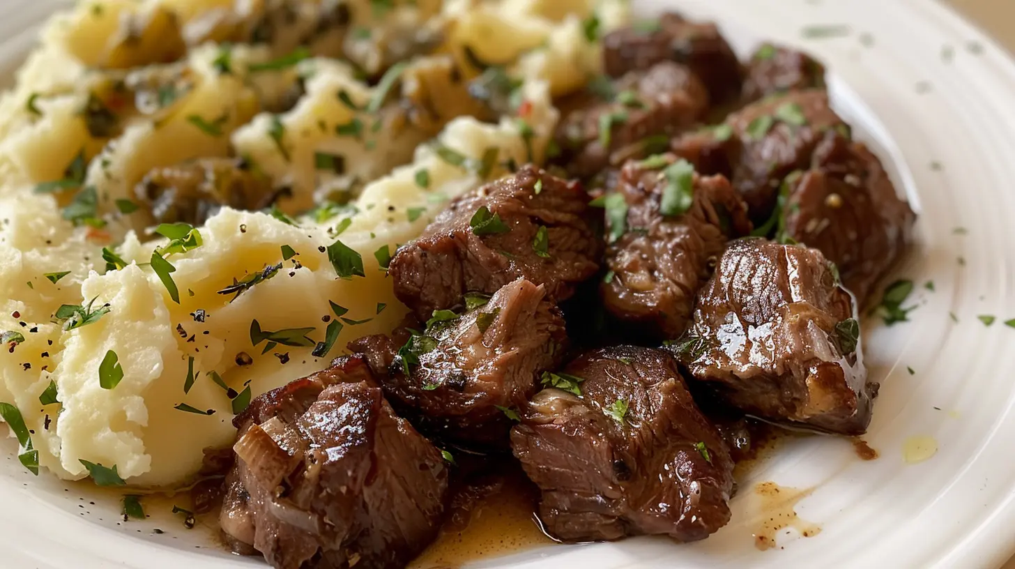 GARLIC BUTTER STEAK BITES AND MASH