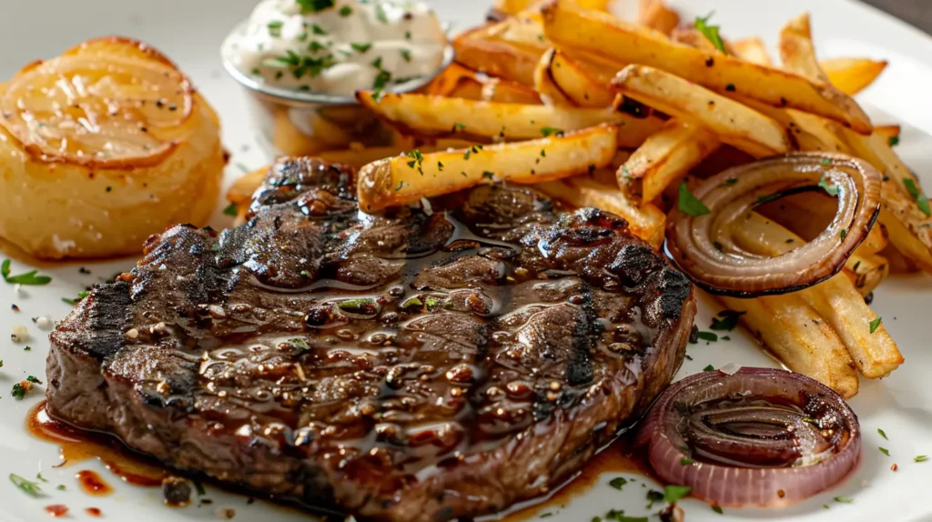 Ribeye steak with French onions and French fries