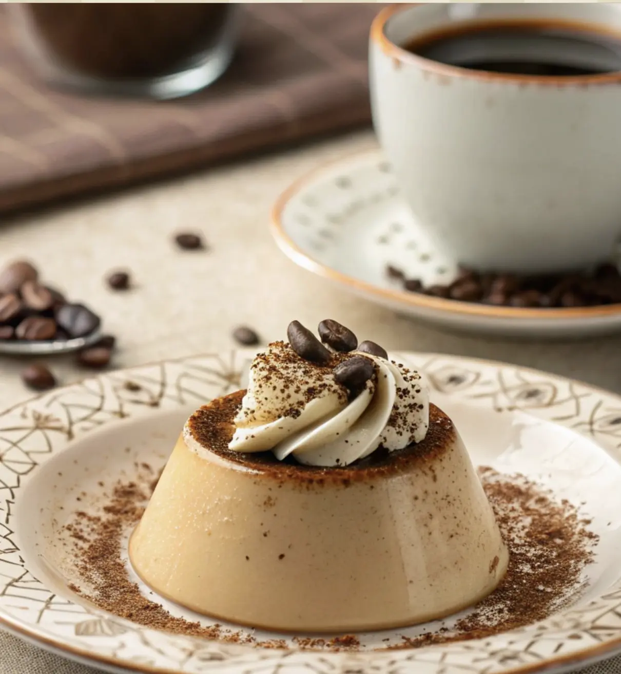 Coffee Panna Cotta in a glass with whipped cream and chocolate shavings