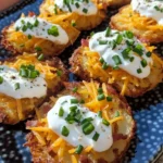 Plate of crispy hash browns topped with cheese, bacon, and sour cream