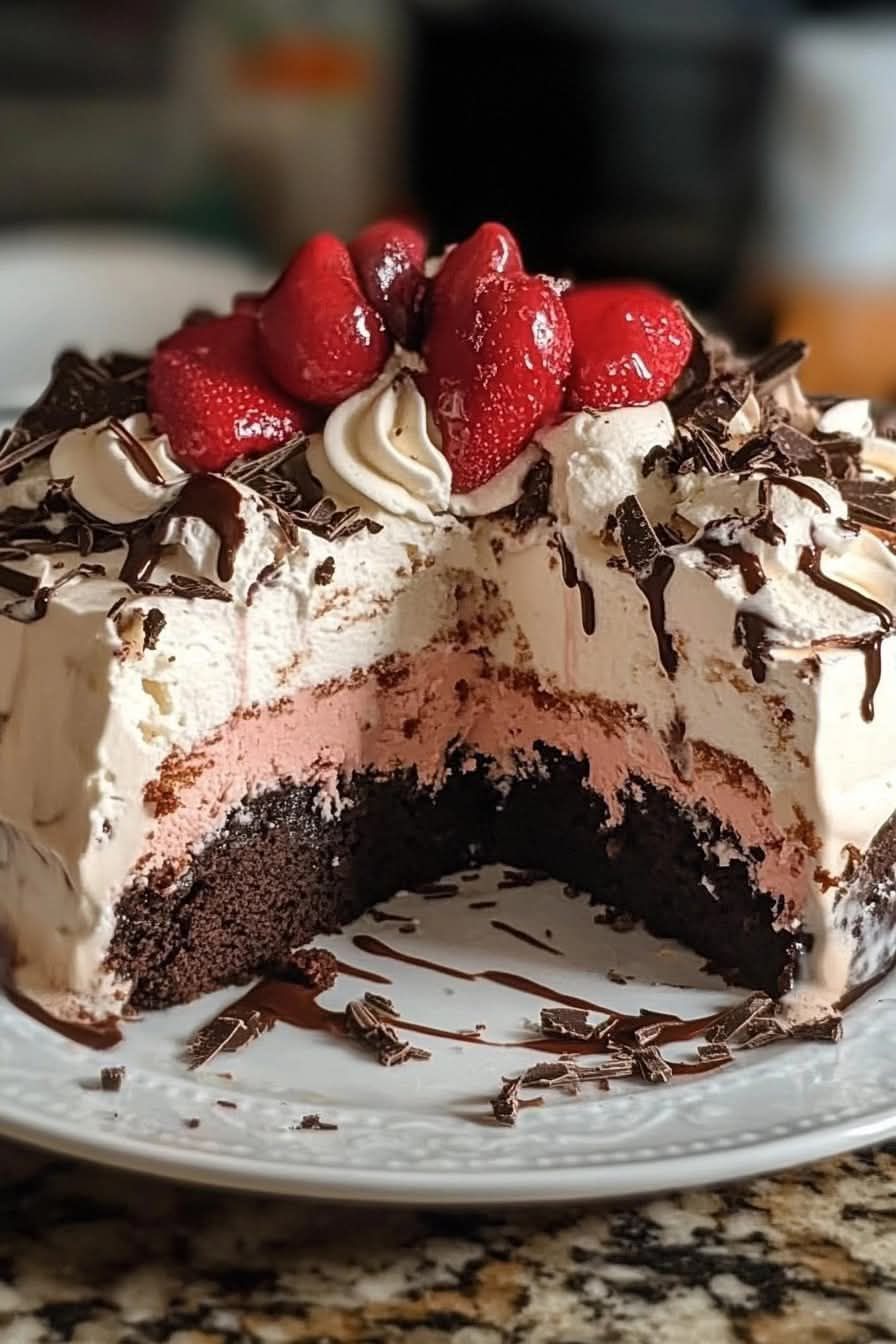 Easy Brownie Ice Cream Cake topped with chocolate drizzle and sprinkles