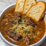 French Onion Beef Short Rib Soup with melted Gruyère and baguette
