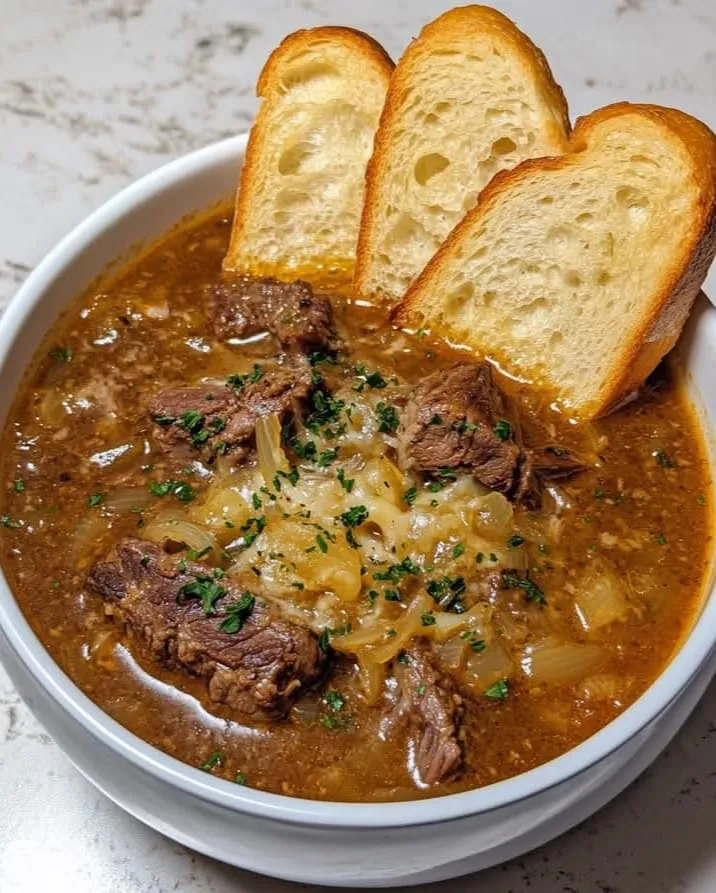 French Onion Beef Short Rib Soup with melted Gruyère and baguette