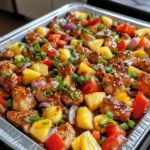 hawaiian chicken sheet pan with pineapple and bell peppers