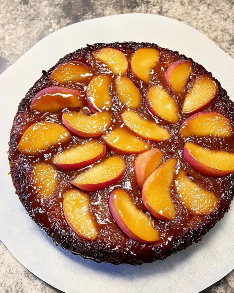 Moist bourbon peach upside down cake on a plate with caramelized peach topping