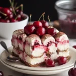 Cherry Amaretto Tiramisu topped with cocoa powder and fresh cherries
