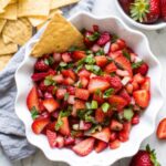 Bowl of fresh fruit salsa with golden cinnamon sugar tortilla chips