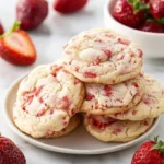 Strawberry shortcake sugar cookies topped with whipped cream and strawberries