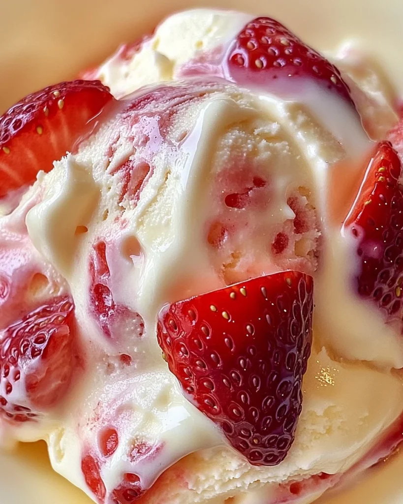 Strawberry Vanilla Dream Ice Cream Dessert served on a white plate with mint garnish