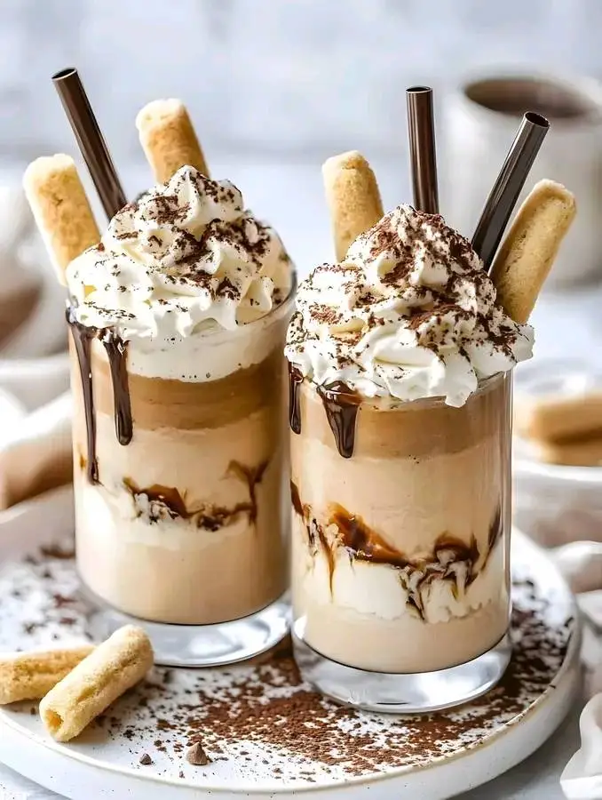 Glass of creamy tiramisu iced coffee topped with whipped cream and cocoa powder