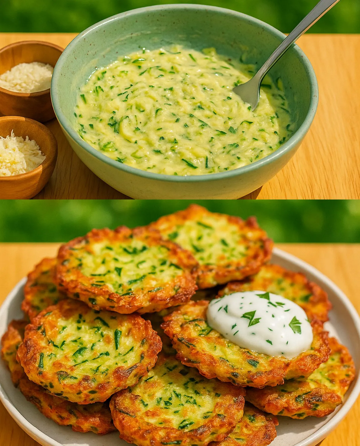 Crispy pan fried zucchini slices stacked on a plate