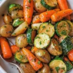 Garlic Herb Roasted Potatoes, Carrots, and Zucchini on baking sheet