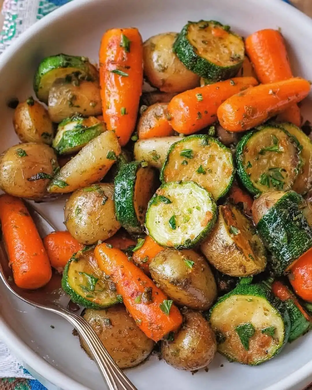 Garlic Herb Roasted Potatoes, Carrots, and Zucchini on baking sheet