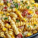 Healthy Street Corn Pasta Salad with cherry tomatoes and cilantro