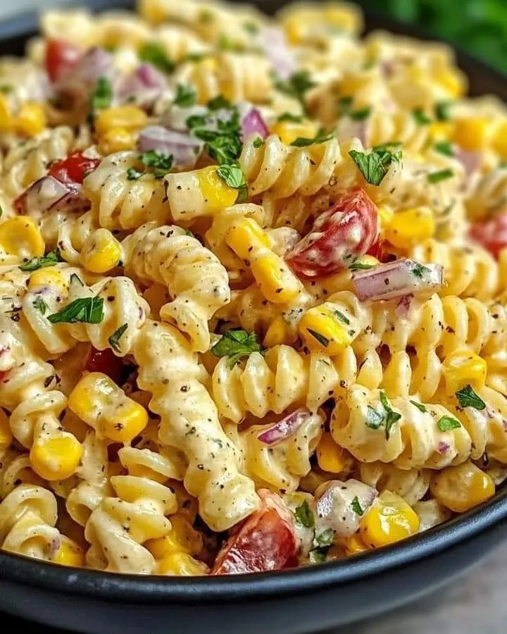 Healthy Street Corn Pasta Salad with cherry tomatoes and cilantro