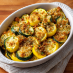 Roasted summer squash slices topped with crispy parmesan breadcrumbs on a baking sheet.
