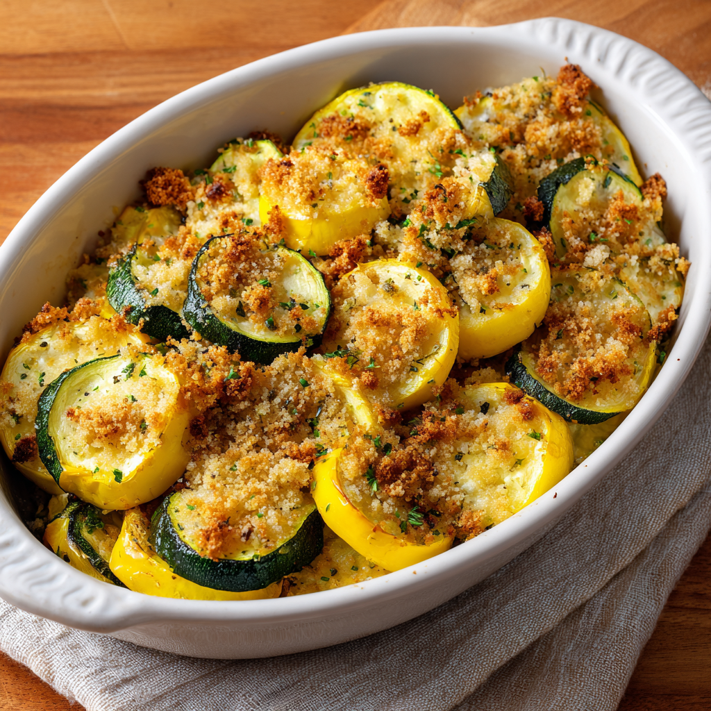 Roasted summer squash slices topped with crispy parmesan breadcrumbs on a baking sheet.