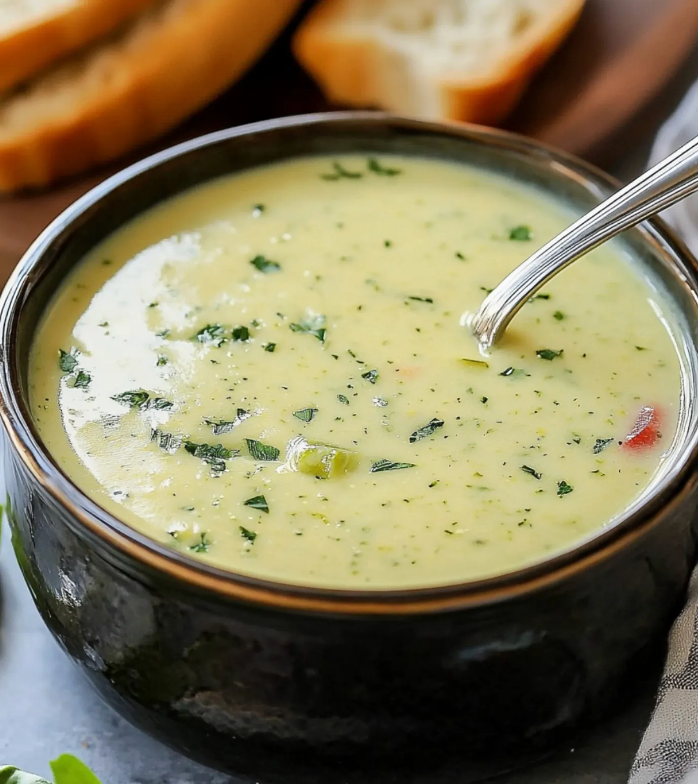 Creamy zucchini soup in a white bowl with herbs on top