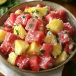 Watermelon Pineapple Salad with mint and lime in a bowl