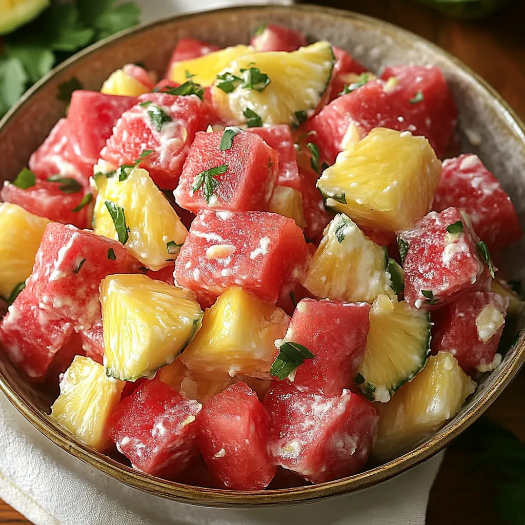 Watermelon Pineapple Salad with mint and lime in a bowl