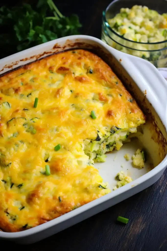 Baked zucchini cornbread casserole with golden crust in baking dish