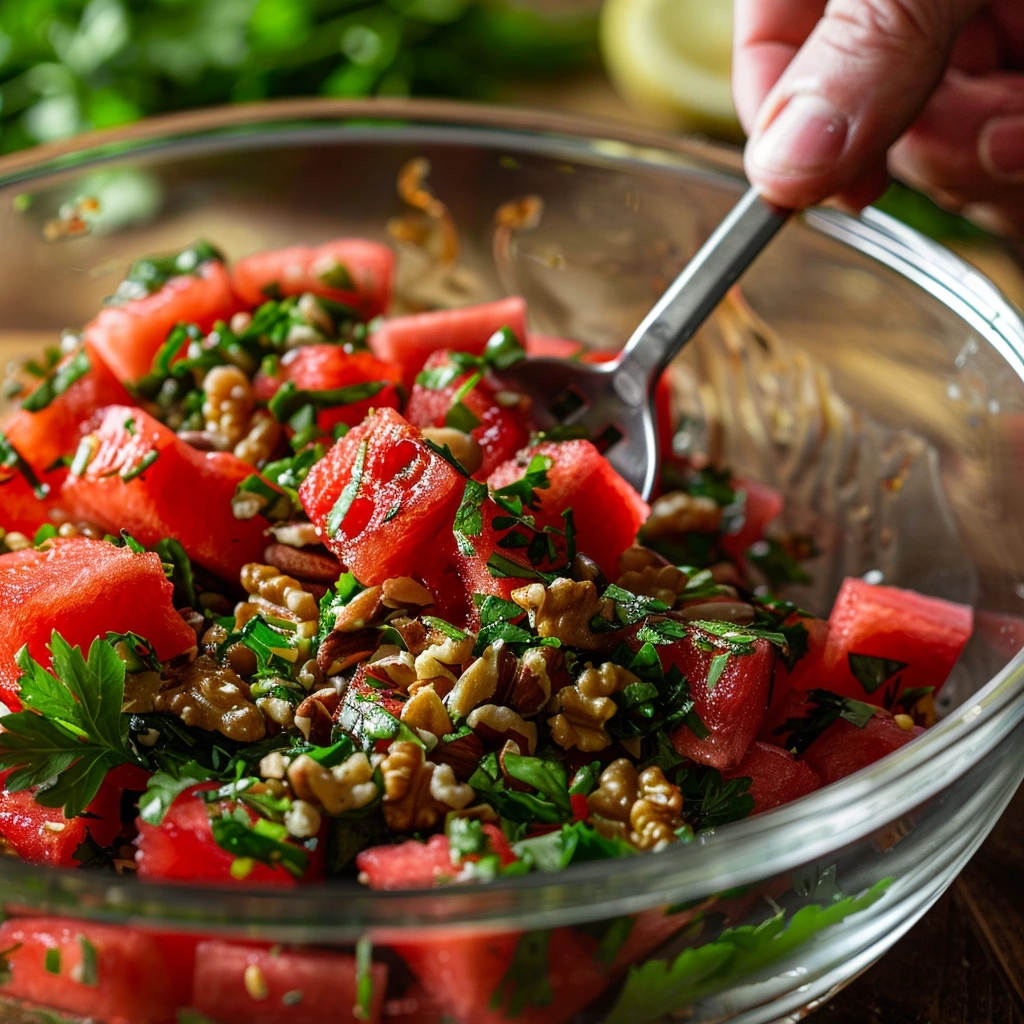 Watermelon Mint Feta Balsamic Salad: A Refreshing Summer Delight 7 adamberranii Adding nuts and herbs to watermelon salad in a g a748806b e497 4e69 abb0 f45f763ccd34 1