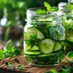 Fresh cucumber salad in a jar with herbs and dressing