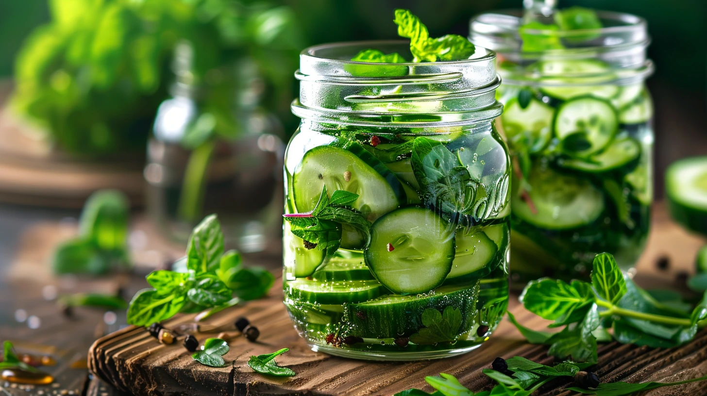Fresh cucumber salad in a jar with herbs and dressing