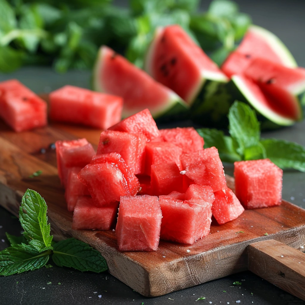 Watermelon Mint Feta Balsamic Salad: A Refreshing Summer Delight 6 adamberranii Cutting fresh watermelon into cubes on a wooden 2b2b88a9 9e6c 427b a40b 5f79a6a5cbec 3