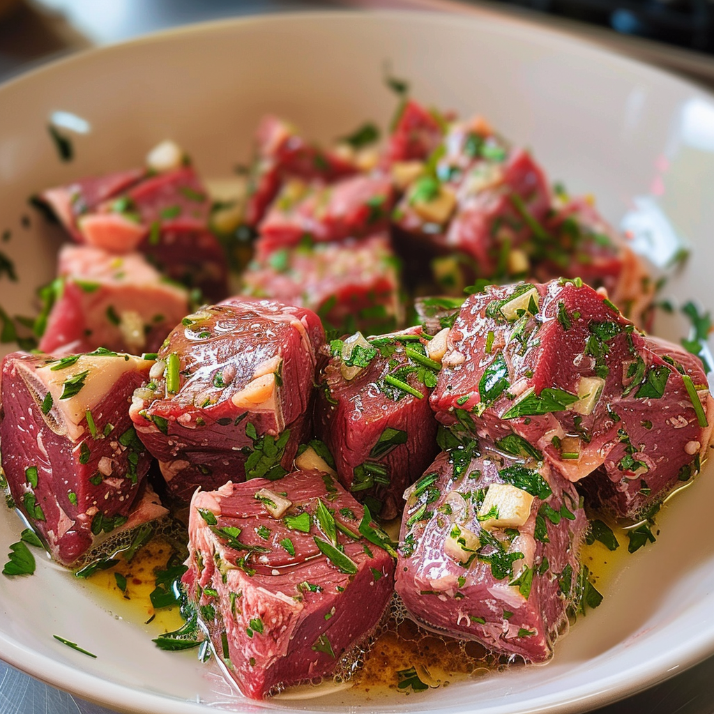 Garlic Butter Steak Bites with Potatoes: The Ultimate Flavor-Packed Dinner Recipe 6 adamberranii Fresh cut steak cubes marinating in garlic butte 28cd5463 388f 4b79 bc31 43adde1522d2 2