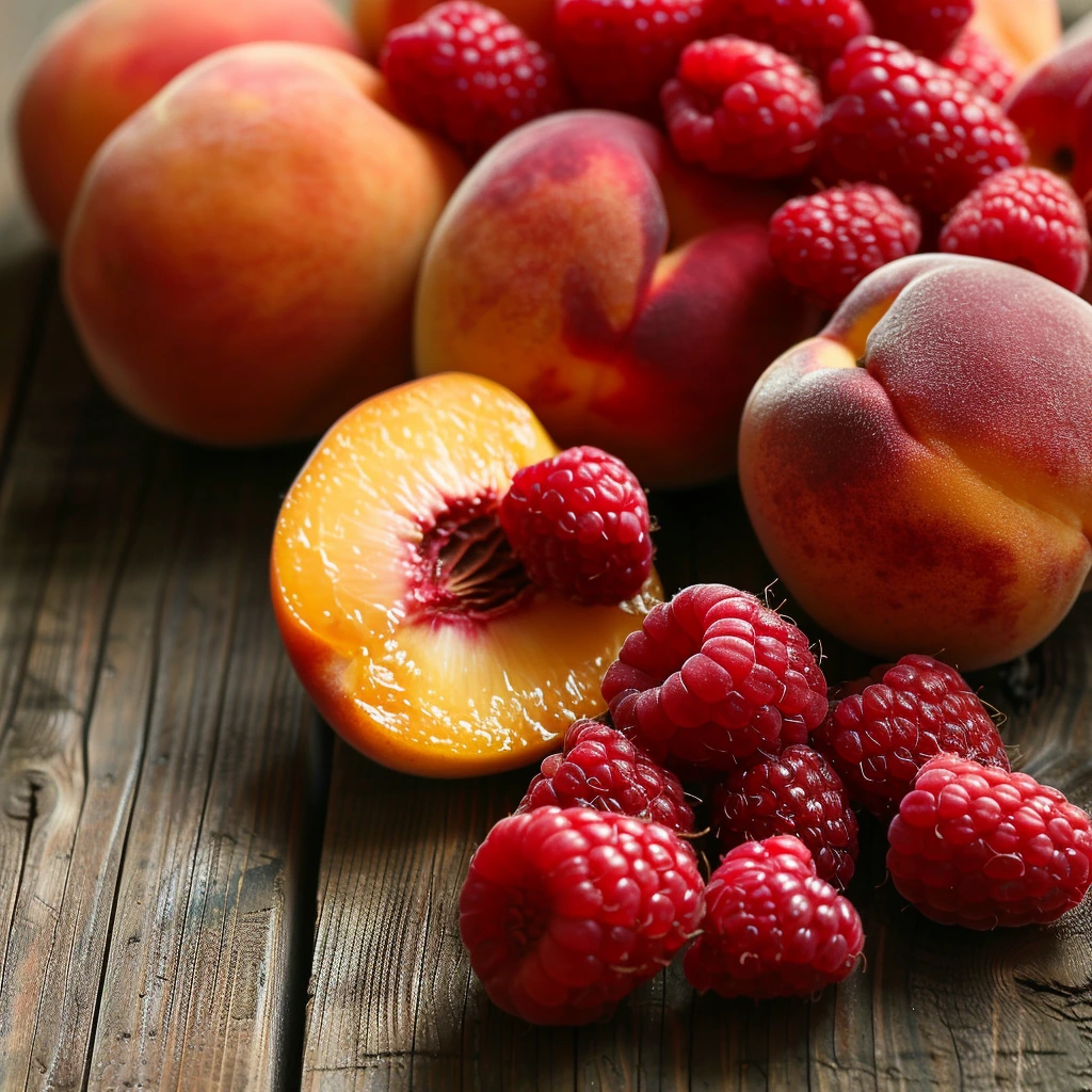 adamberranii Fresh peaches and raspberries on rustic wooden t 3093237f eb7b 43d4 bc24 907d8e7ea561 0