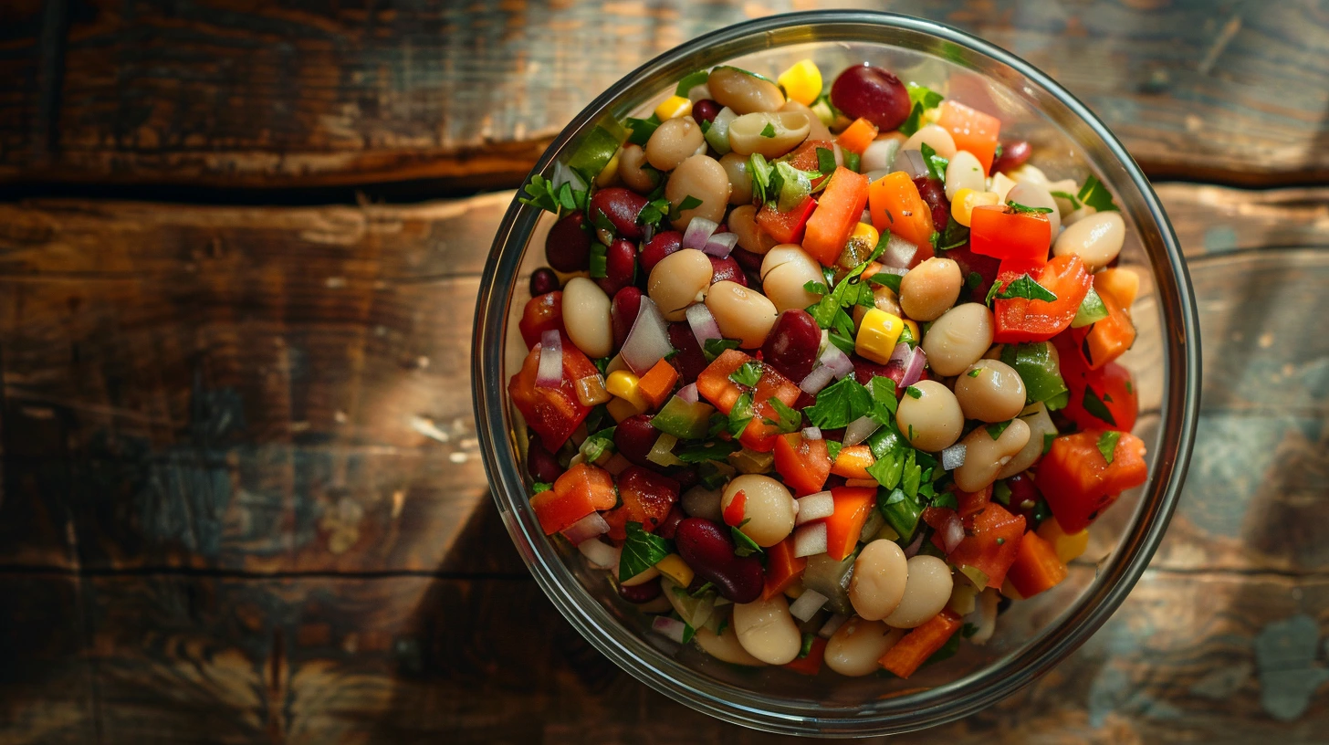 Dense bean salad in a rustic bowl