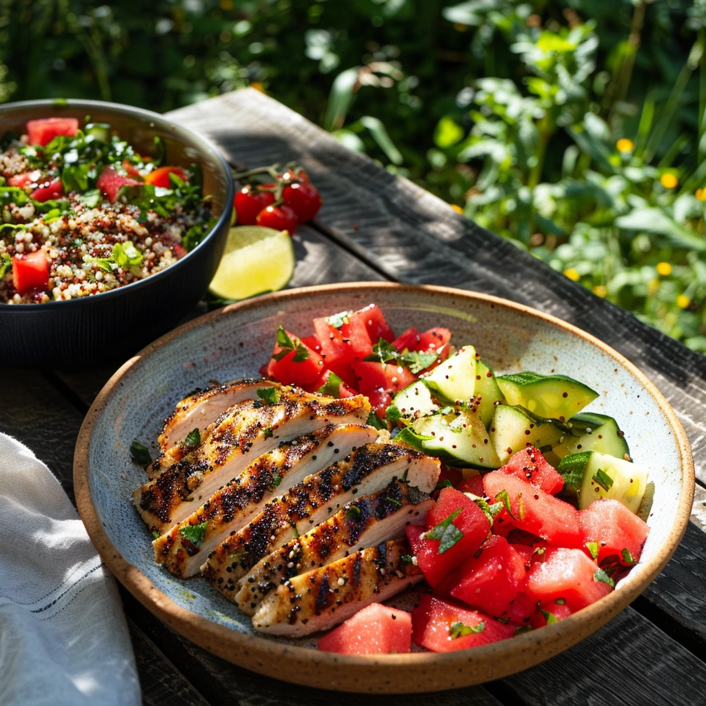 Watermelon Mint Feta Balsamic Salad: A Refreshing Summer Delight 8 adamberranii Serving watermelon salad alongside grilled chick 87ecd3d6 a20c 42e7 b168 243f5dba02cb 1