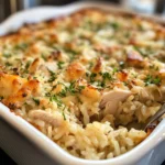 Cheesy rotisserie chicken and rice casserole baked in a white dish.