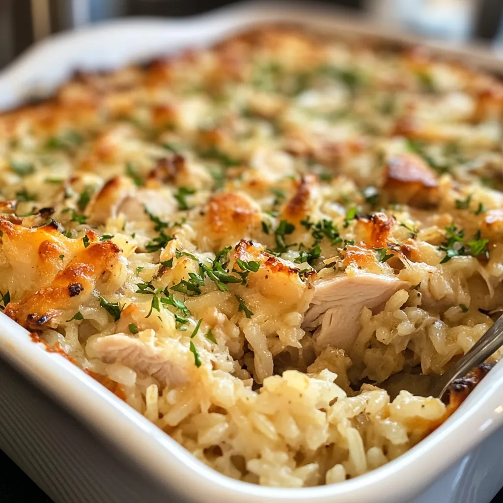 Cheesy rotisserie chicken and rice casserole baked in a white dish.