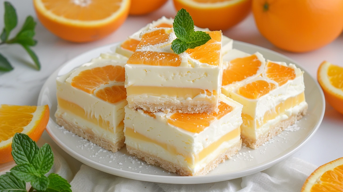 Close-up of Orange Creamsicle Bars stacked on a white plate
