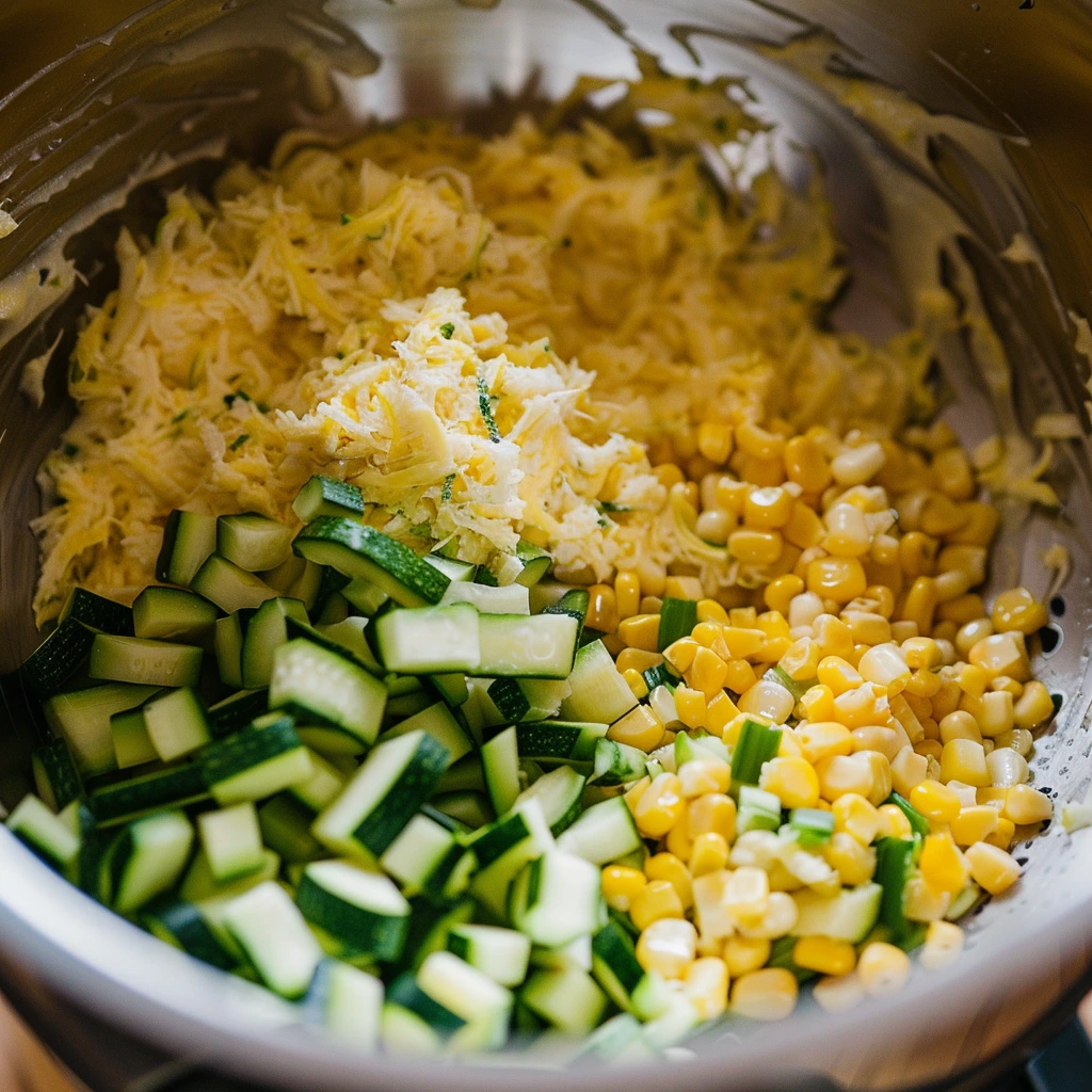 Zucchini Corn Fritters with Yogurt Dip : Crispy, Flavorful, and Perfectly Paired 6 adamberranii Close up of mixing bowl with grated zucchini cor f321f44d 076b 4983 8163 fe35883f3933 3 1
