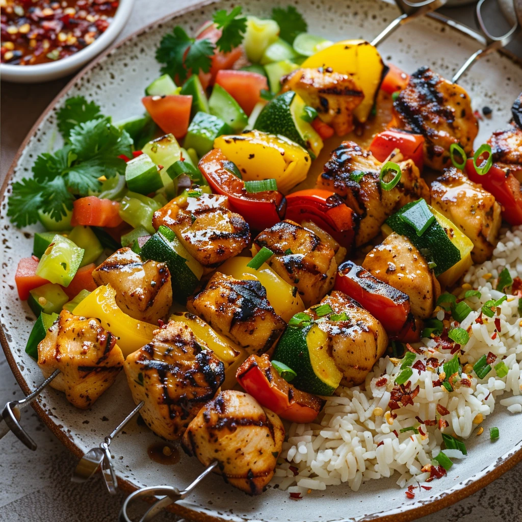 BBQ Chicken Skewers With Veggies :The Ultimate Guide for Juicy, Flavorful Grilling 8 adamberranii Plated chicken skewers with sides and garnish 41d0659d 41ba 4077 ac4a 5a24c77de7e9 1