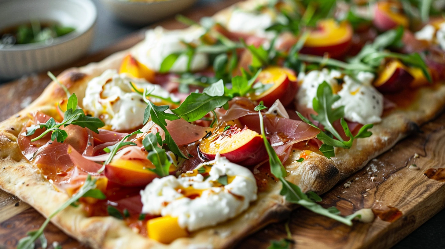 Peach Burrata Prosciutto Flatbread