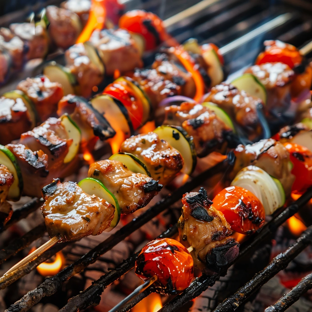BBQ Chicken Skewers With Veggies :The Ultimate Guide for Juicy, Flavorful Grilling 7 adamberranii Skewers grilling over flames sizzling raw v 2825cfdf af99 4ca3 b0ec fe2e2312a804 2